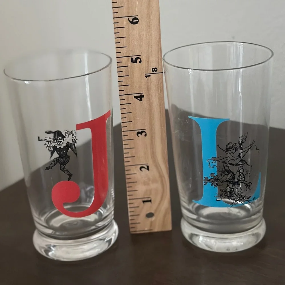 EURO CERAMICA Monogrammed J L Tall Drinking Glasses Set‎ of 2 Cherub Design
